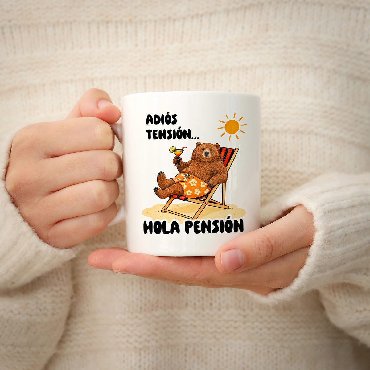 Taza Adiós, tensión. Hola pensión (oso)