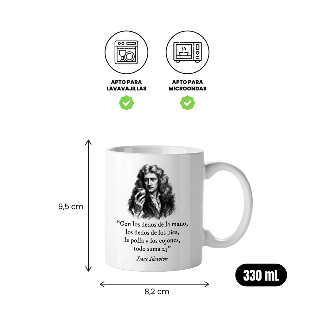 Taza Con los dedos de la mano, los dedos de los pies, la polla y los cojones todo suma 23. Newton