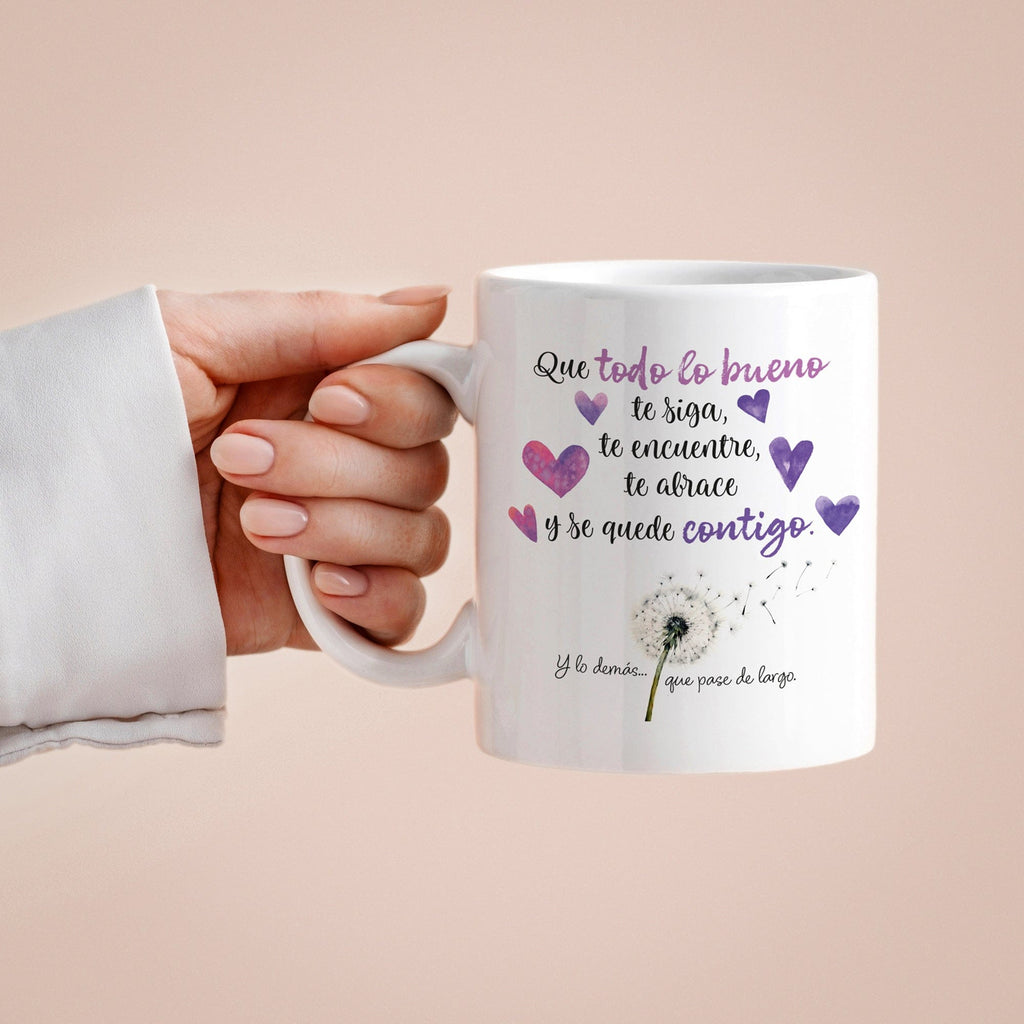 Taza Que todo lo bueno te siga, te encuentre, te abrace y se quede contigo (Tonos morados)