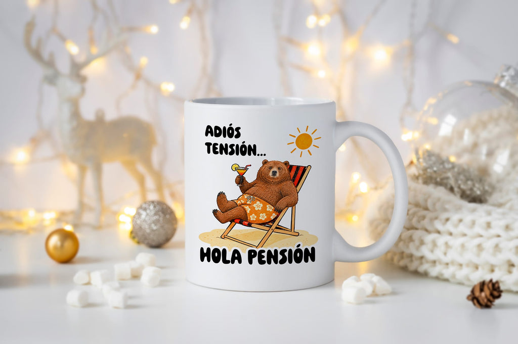 Taza Adiós, tensión. Hola pensión (oso)