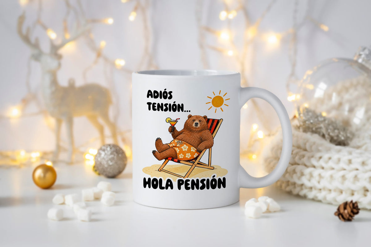 Taza Adiós, tensión. Hola pensión (oso)