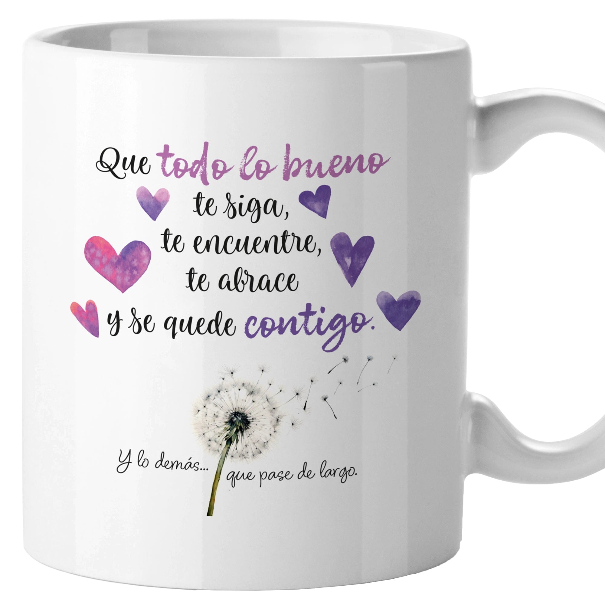Taza Que todo lo bueno te siga, te encuentre, te abrace y se quede contigo (Tonos morados)