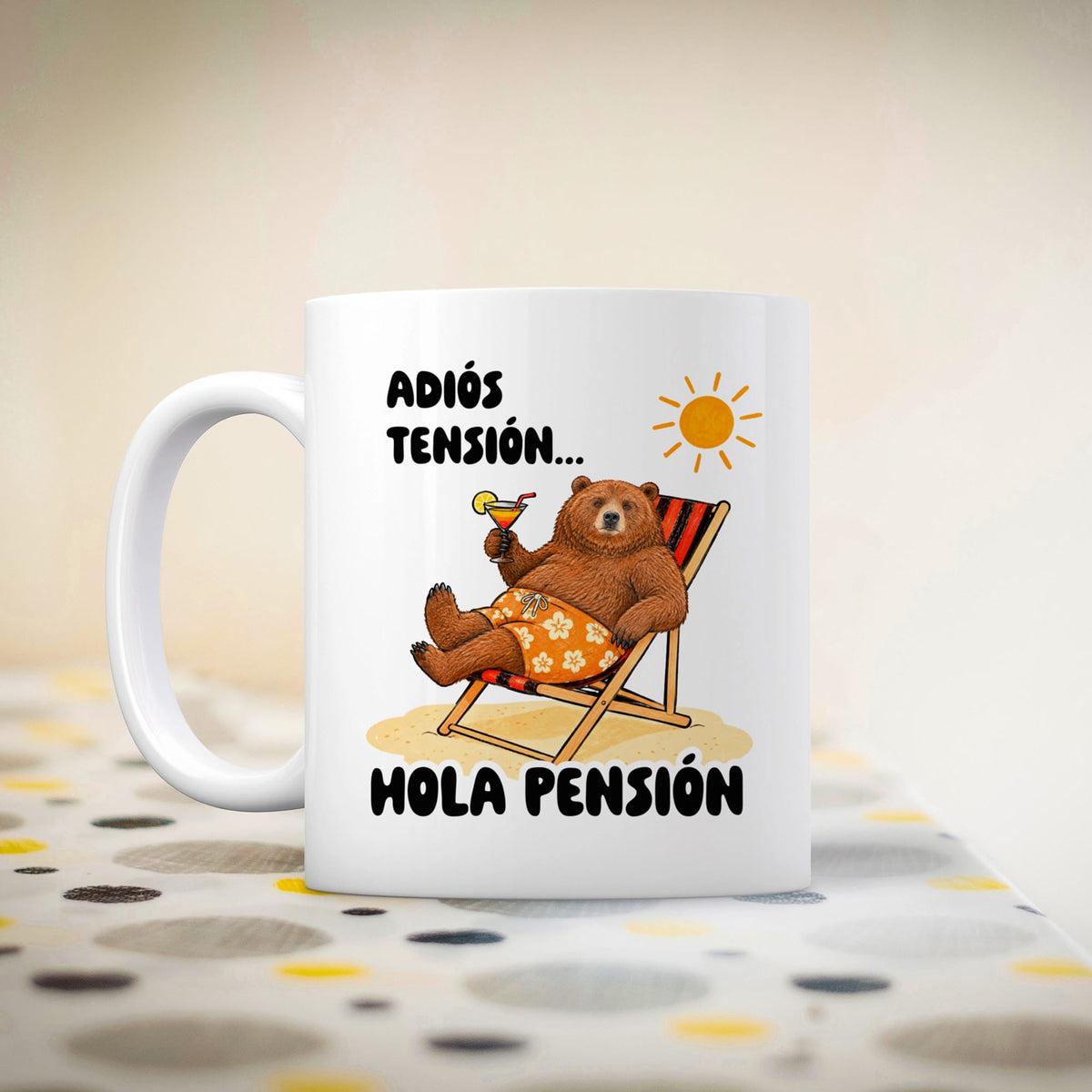 Taza Adiós, tensión. Hola pensión (oso)